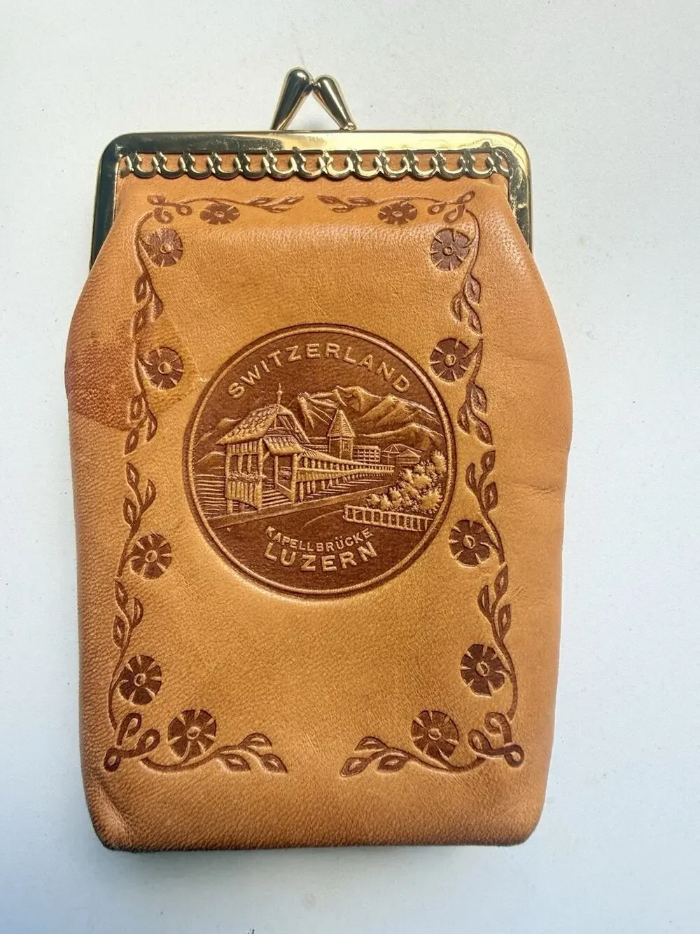 Vintage Leather Tobacco Pouch Cigarette Case Coin Purse Tooled Kiss Lock Swiss